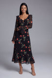 Robe midi fleurie imprimée en tulle noir à col en V et manches longues