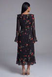 Robe midi fleurie imprimée en tulle noir à col en V et manches longues