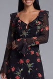 Robe midi fleurie imprimée en tulle noir à col en V et manches longues