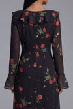 Robe midi fleurie imprimée en tulle noir à col en V et manches longues
