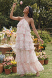 Robe fleur à motifs à étages à motifs à motifs à col nu blanc rose