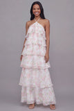 Robe fleur à motifs à étages à motifs à motifs à col nu blanc rose