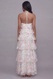 Robe fleur à motifs à étages à motifs à motifs à col nu blanc rose