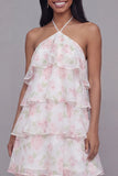 Robe fleur à motifs à étages à motifs à motifs à col nu blanc rose