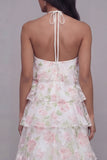 Robe fleur à motifs à étages à motifs à motifs à col nu blanc rose