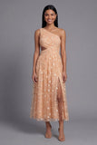 Robe florale orange à une épaule brodée en tulle avec fente