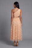 Robe florale orange à une épaule brodée en tulle avec fente