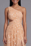 Robe florale orange à une épaule brodée en tulle avec fente