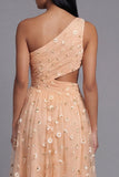 Robe florale orange à une épaule brodée en tulle avec fente