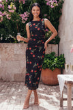 Robe midi noire bodycon à col rond en chiffon imprimé à fleurs