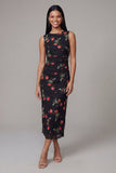 Robe midi noire bodycon à col rond en chiffon imprimé à fleurs