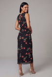 Robe midi noire bodycon à col rond en chiffon imprimé à fleurs