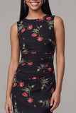 Robe midi noire bodycon à col rond en chiffon imprimé à fleurs