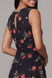 Robe midi noire bodycon à col rond en chiffon imprimé à fleurs
