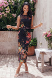 Robe midi à fleurs froncées imprimées en tulle avec col bodycon et illusion