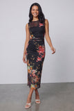 Robe midi à fleurs froncées imprimées en tulle avec col bodycon et illusion