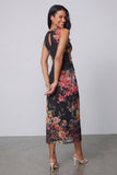 Robe midi à fleurs froncées imprimées en tulle avec col bodycon et illusion