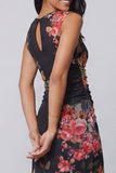 Robe midi à fleurs froncées imprimées en tulle avec col bodycon et illusion