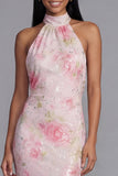 Robe fleurie moulante blanche rose scintillante à motifs floraux avec paillettes