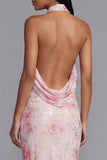 Robe fleurie moulante blanche rose scintillante à motifs floraux avec paillettes