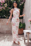 Robe fleurie moulante blanche rose scintillante à motifs floraux avec paillettes
