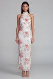 Robe fleurie moulante blanche rose scintillante à motifs floraux avec paillettes