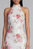 Robe fleurie moulante blanche rose scintillante à motifs floraux avec paillettes