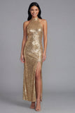 Robe invité de mariage longue dorée à sequins avec col doré et fente