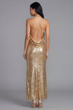 Robe invité de mariage longue dorée à sequins avec col doré et fente