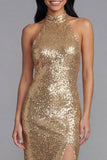Robe invité de mariage longue dorée à sequins avec col doré et fente