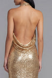 Robe invité de mariage longue dorée à sequins avec col doré et fente