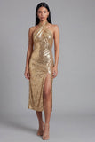 Robe d'invitée de mariage midi dorée à paillettes col nu avec fente