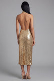 Robe d'invitée de mariage midi dorée à paillettes col nu avec fente