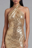 Robe d'invitée de mariage midi dorée à paillettes col nu avec fente