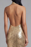 Robe d'invitée de mariage midi dorée à paillettes col nu avec fente