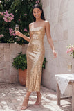 Robe midi à bretelles fines dorées bodycon scintillantes avec sequins