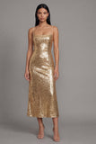 Robe midi à bretelles fines dorées bodycon scintillantes avec sequins