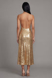 Robe midi à bretelles fines dorées bodycon scintillantes avec sequins