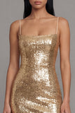 Robe midi à bretelles fines dorées bodycon scintillantes avec sequins