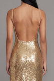 Robe midi à bretelles fines dorées bodycon scintillantes avec sequins