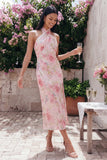 Robe midi fleurie midi bodycon en tulle rose scintillant à col nu