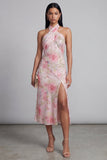 Robe midi fleurie midi bodycon en tulle rose scintillant à col nu