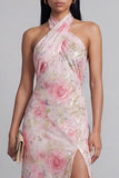 Robe midi fleurie midi bodycon en tulle rose scintillant à col nu