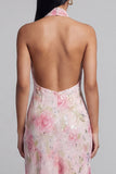 Robe midi fleurie midi bodycon en tulle rose scintillant à col nu