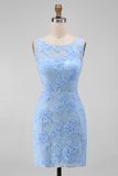 Robe mini florale bodycon collant en tulle bleu avec des appliques en dentelle