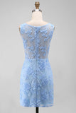 Robe mini florale bodycon collant en tulle bleu avec des appliques en dentelle