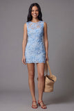 Robe mini florale bodycon collant en tulle bleu avec des appliques en dentelle