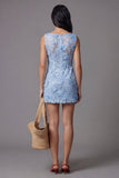 Robe mini florale bodycon collant en tulle bleu avec des appliques en dentelle