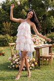 Mini robe à fleurs blanches rose en chiffon à col nu à file, à motif A, à étages