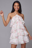 Mini robe à fleurs blanches rose en chiffon à col nu à file, à motif A, à étages